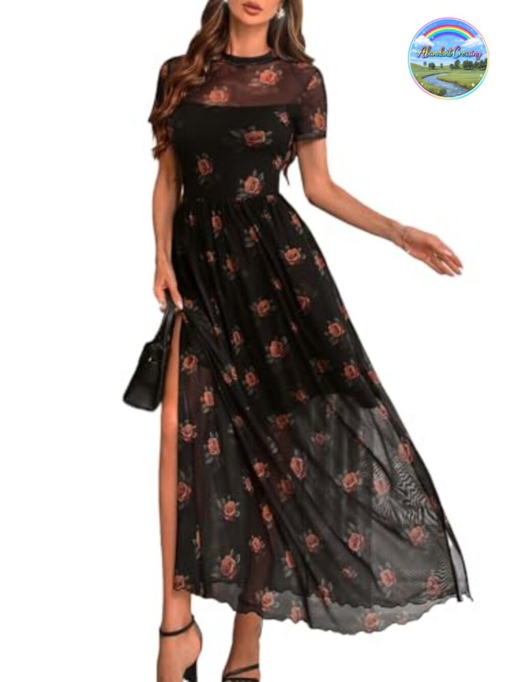 Women's Floral Mesh Short Sleeve Wedding Guest Maxi Dress High Slit A-Line